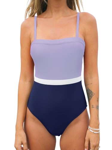 CUPSHE Einteiliger Damen-Badeanzug, quadratischer Ausschnitt, verstellbare Träger, Farbblock-Badeanzug, Violett/Marineblau, Medium von CUPSHE