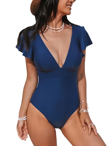 CUPSHE Einteiliger Damen-Badeanzug, tiefer V-Ausschnitt, kurze Rüschen, geteilte Ärmel, U-Rücken, Marineblau, Large von CUPSHE