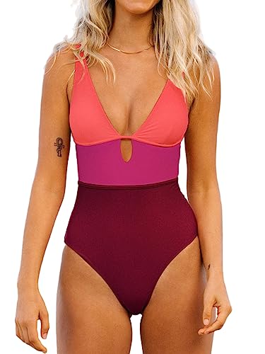 CUPSHE Damen Badeanzug V Ausschnitt Keyhole Farbblock Figurformend Einteilige Bademode Swimsuit Rotviolett M von CUPSHE