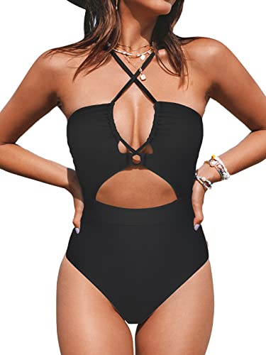 CUPSHE Damen Badeanzug Neckholder Schnürung Monokini Crossover Zierausschnitten Einteilige Bademode Swimsuit Schwarz L von CUPSHE