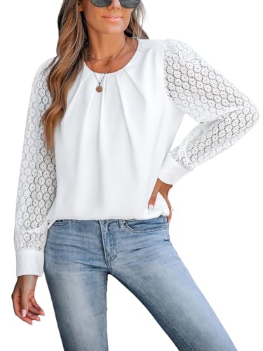 CUPSHE Falten Rundhals Spitzenärmel Damenbluse, Elegante und Lässige Langarm Bluse für Damen, Weiß,M von CUPSHE