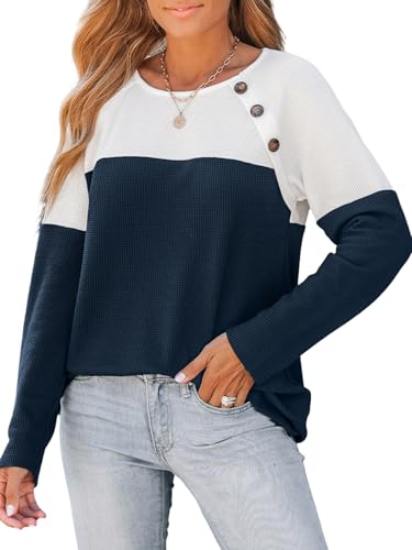 CUPSHE Farbblock Rundhals Langarmshirt, Damen Asymmetrisches Knopf-Oberteil, Modisches Herbst-Winter-Damenoberteil, Blau-Weiß, M von CUPSHE
