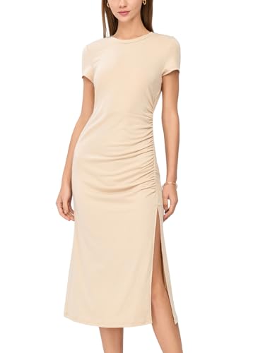 CUPSHE Figurbetontes Freizeitkleid für Damen, Rundhalsausschnitt, Rüschen, kurze Ärmel, einfarbig, Cocktail-Party, Seitenschlitz, lange Kleider, beige, L von CUPSHE