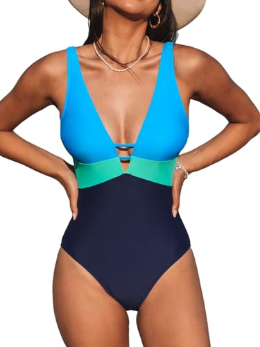 CUPSHE Frauen Einteiliger Badeanzug Badeanzug Ausschnitt V-Ausschnitt Verstellbare Träger Farbblock O Ring, Blau/Grün, L von CUPSHE