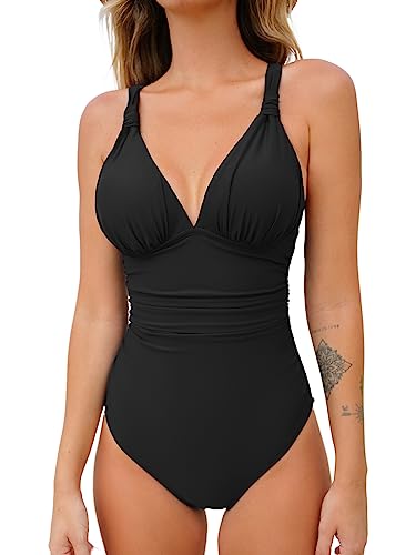 CUPSHE Damen Badeanzug V Ausschnitt Raffungen Bauchweg Crossback Zierausschnitt Einteilige Bademode Swimsuit Schwarz L von CUPSHE