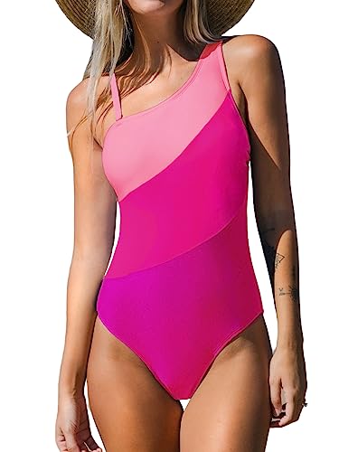 CUPSHE Frauen Farbe Kontrast Einteiler Badeanzug Eine Schulter Ausgeschnitten Zurück Bauchkontrolle Badeanzug, Neon-Pink, XL von CUPSHE