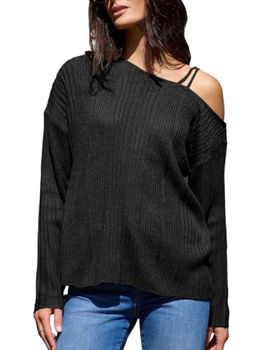 CUPSHE Damen Pullover mit Einer Schulter, lässig, langärmelig, gerippt, Strickpullover, Schwarz, X Klein von CUPSHE