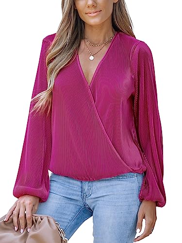 CUPSHE Frauen Surplice Neck Top Bluse mit Langen Bauernärmeln, Fuchsia, Large von CUPSHE