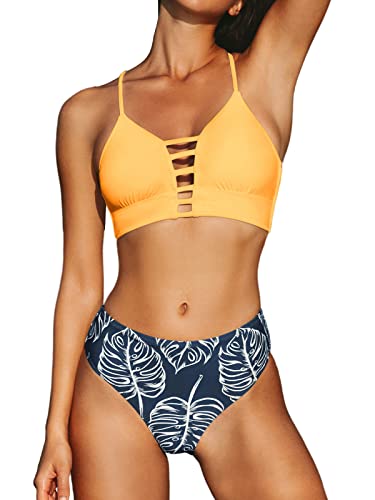 CUPSHE Gelb Blattdruck Bikini, Orange Dunkelblau, M von CUPSHE