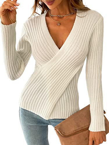 CUPSHE Gerippter Langarm Pullover für Damen, Herbst Strick, V-Ausschnitt, Pullover, Cremeweiß, X Groß von CUPSHE