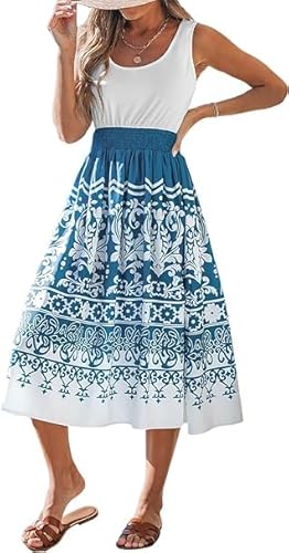 CUPSHE Gesmoktes Damenkleid mit hoher Taille, U-Ausschnitt, ärmellos, A-Linie, Midikleid, Blau, Mittel von CUPSHE