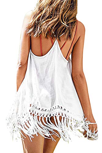 CUPSHE Damen Bikini Cover Up Strandkleid Asymmetrische Fransen Häkelmuster Sommer Sexy Strandponcho Beach Mini Dress Weiß von CUPSHE