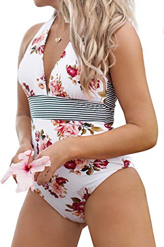 CUPSHE Damen Badeanzug Neckholder Blumenmuster Knot Einteilige Bademode Swimsuit Mehrfarbig XS von CUPSHE