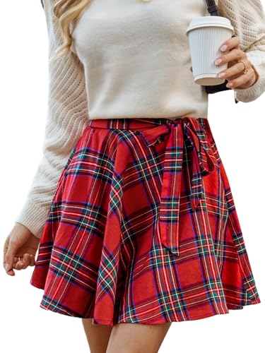 CUPSHE Karierter A-Linien Minirock, Damen Strickband Rock, Modischer Vielseitiger Herbst Winter Rock, Rot, L von CUPSHE