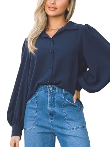 CUPSHE Kragen Puffärmel Bluse Langarm Herbst/Winter Damenoberteil, Modisch Eleganter Büro-Look, Marineblau, M von CUPSHE