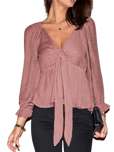 CUPSHE Langarm Bluse Damen mit Tie Front und Rüschen, V-Ausschnitt, gewebt, Elegante Oberteile für Büro und Abend, Altrosa, M von CUPSHE