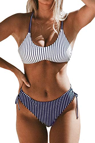 CUPSHE Damen Bikini Set mit geflochtenen Trägern Hinten Gestreifte Bademode Wende-Slip Zweiteiliger Badeanzug Weiß L von CUPSHE