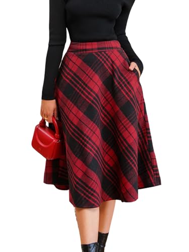 CUPSHE Modischer Karo Flared Pocket Midi Rock, Elegant und Bequem Herbst-Winter Midi Rock, Rot-Schwarz, S von CUPSHE