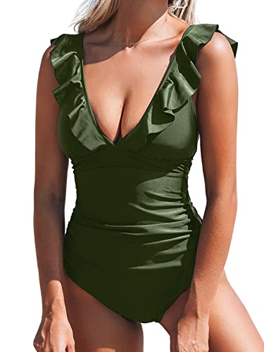 CUPSHE Damen Einteiler Badeanzug Rüschen V Ausschnitt Monokinis Bauchweg Einteiliger Bademode Swimsuit Armee Grün S von CUPSHE