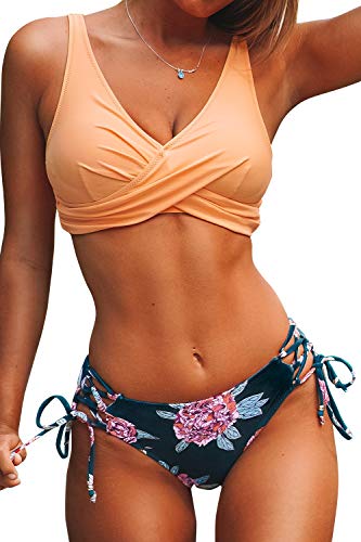 CUPSHE Damen Bikini Set Wickeloptik Blumenmuster Low Rise schnürende Bademode Zweiteiliger Badeanzug Cremeorange M von CUPSHE