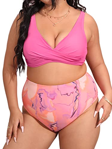 CUPSHE Plus Size Bikini Damen Badeanzug 2 Stück Badeanzüge Hoch taillierte Wickelfront Verstellbare Träger 0X von CUPSHE