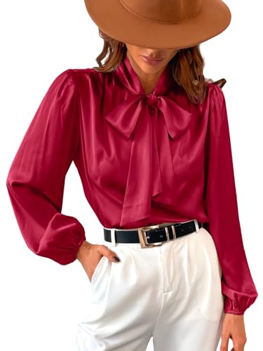 CUPSHE Satin-Hemd-Oberteil für Damen, Fliege, lange Ärmel, glänzend, hoher Halsausschnitt, Arbeit, Freizeit, rot, S CUPSHE Satin-Hemd-Oberteil für Damen, Fliege, lange Ärmel, glänzend, hoher Halsausschnitt, Arbeit, Freizeit, rot, S von CUPSHE