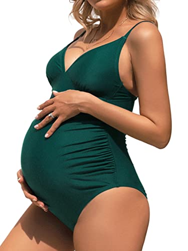CUPSHE Schwangerschafts-Badeanzug für Damen, einteiliger Badeanzug, Schwangerschaft, Bademode, Spaghetti-Träger, gerüscht, verstellbar, Dunkelgrün, Medium von CUPSHE