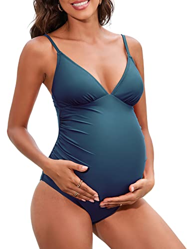 CUPSHE Damen Schwangerschafts Badeanzug V Ausschnitt Triangel Raffung Verstellbare Träger Einteilige Umstandsbademode Swimsuit Dunkelblau L von CUPSHE