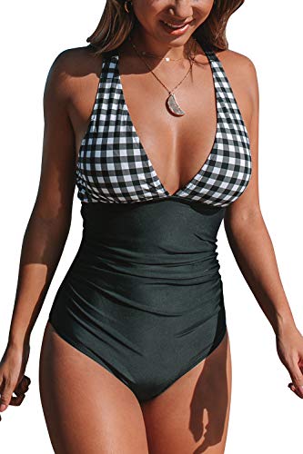 CUPSHE Damen Badeanzug V Ausschnitt Kreuz Rückseite Bauchweg Strandmode Einteiler Swimsuit,Schwarz,L von CUPSHE