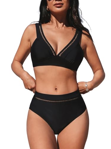 CUPSHE Schwarzes Bikinioberteil und Standard-Hose mit Leiterbesatz, Schwarz , XL von CUPSHE