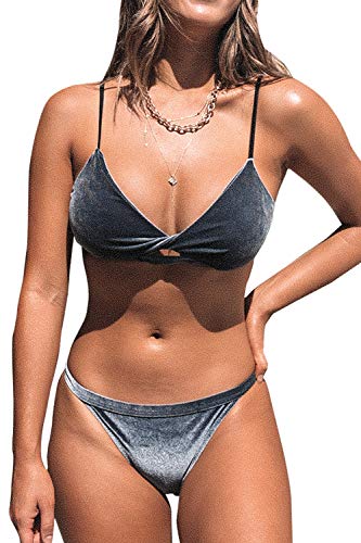 CUPSHE Damen Bikini Set V Ausschnitt Twist Samt Bikini Bademode Spaghettiträger Low Waist Tanga Zweiteiliger Badeanzug Swimsuit Grau XL von CUPSHE