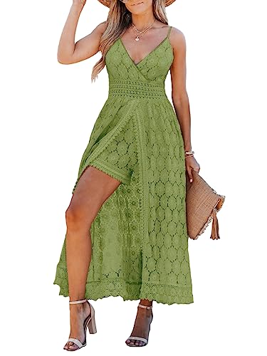 CUPSHE Damen Jumpsuit Kleid V Ausschnitt Weites bein Spitzen Kurz Romper A-Linie High Low Spaghetti Trägerkleid Hosenanzug Playsuit Grün S von CUPSHE