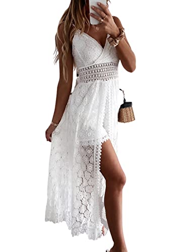 CUPSHE Damen Jumpsuit Kleid V Ausschnitt Weites Bein Kurz Romper A-Linie High Low Spitzenkleid Hosenanzug Playsuit Weiß XL von CUPSHE