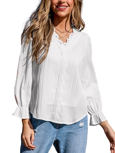 CUPSHE Spitzen-Puffärmel-Rüschen Bluse, Elegantes Langarm-V-Ausschnitt Damenoberteil, Weiß,M von CUPSHE