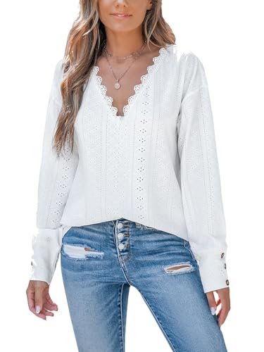 CUPSHE Spitzen V-Ausschnitt Langarm Damenoberteil, Lochstrick Elegante Bluse für Damen, Weiß,M von CUPSHE