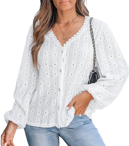 CUPSHE Spitzen V-Ausschnitt Puffärmel Damenbluse, Langarm Lochmuster Knopf Damenhemd, Weiß,M von CUPSHE
