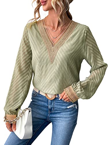 CUPSHE Spitzenrand Gewebe Langarmshirt für Damen, V-Ausschnitt Chevron-Textur Damen Oberteile, Grün,L von CUPSHE