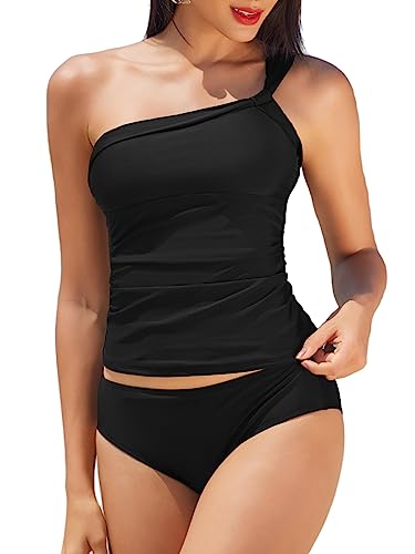 CUPSHE Damen Tankini Set Eine Schulter Low Waist Tankini Bademode Verstellbare Träger Zweiteiliger Badeanzug Swimsuit Schwarz M von CUPSHE