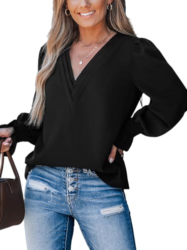 CUPSHE V-Ausschnitt Puffärmel Damen Bluse, Langarm mit gesmokten Manschetten Damenoberteil für Herbst/Winter, Schwarz, L von CUPSHE