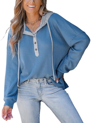 CUPSHE Waffelstrick Langarm Hoodie, Damen Drop Shoulder Freizeit-Sweatshirt, Weiches und Bequemes Herbst-Winter-Oberteil, Blau, L von CUPSHE