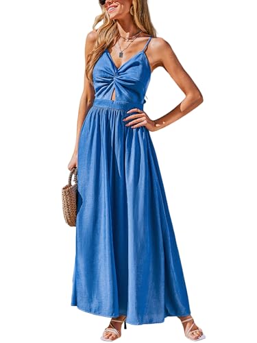 CUPSHE Women Casual Dress Beach Sleeveless V Neck Summer Cutout Spaghetti Straps Formal Maxi Sun Dresses, Denim Blue, S von CUPSHE