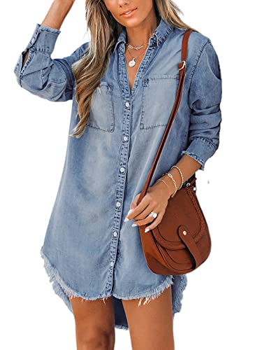 CUPSHE Women Denim Shirt Mini Tunic Dress Casual Oversized Autumn Long Sleeve Frayed Hem Tops Blouse with Pockets Sky Blue L von CUPSHE