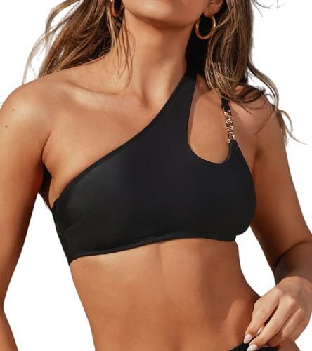 CUPSHE X STASSIE Damen Bikinioberteile Cut Out Tops Badeanzug Asymmetrischer Hals Ausschnitt Quadrat Ring Kette Badeanzüge Schwarz, M von CUPSHE