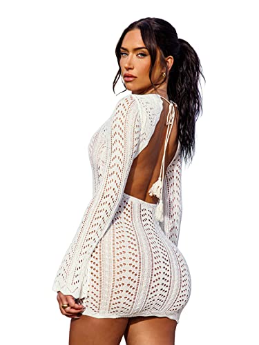 CUPSHE X STASSIE Damen Cover Up Rückenfreies Kleid Langarm Rundhalsausschnitt Bademode Mini Bodycon Sarong Weiß, L von CUPSHE