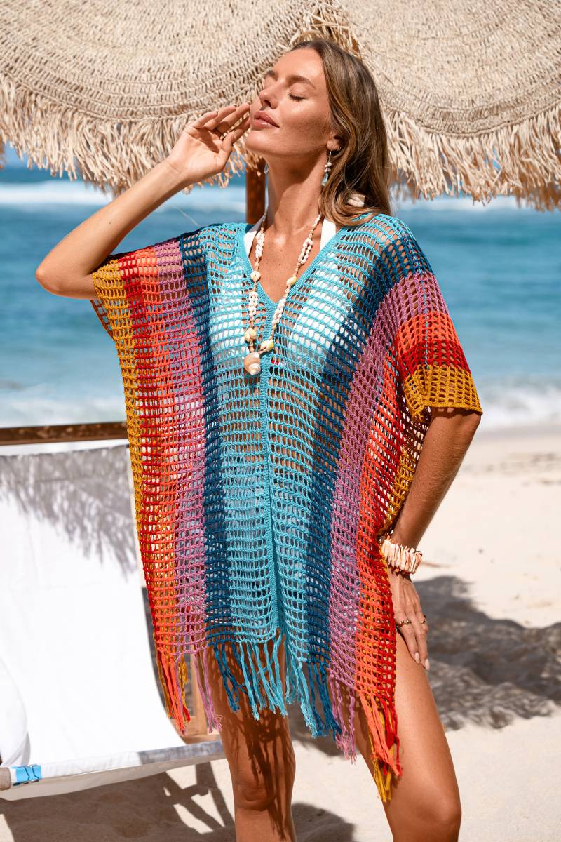 Gestreiftes V-Ausschnitt Mini-Strick-Strandkleid von CUPSHE