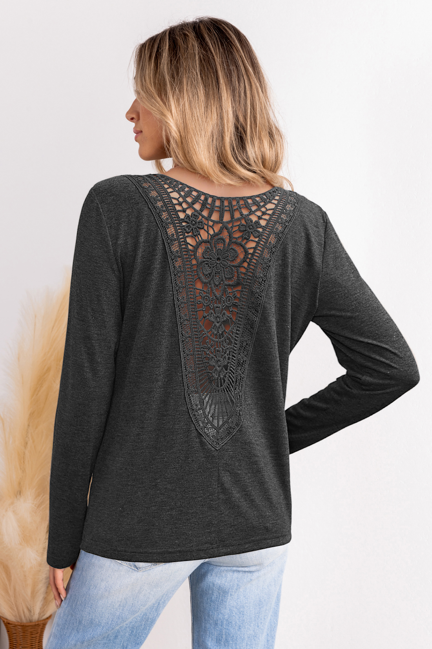 Graues Lange Ärmel Strick-Top mit Kontrastspitze von CUPSHE