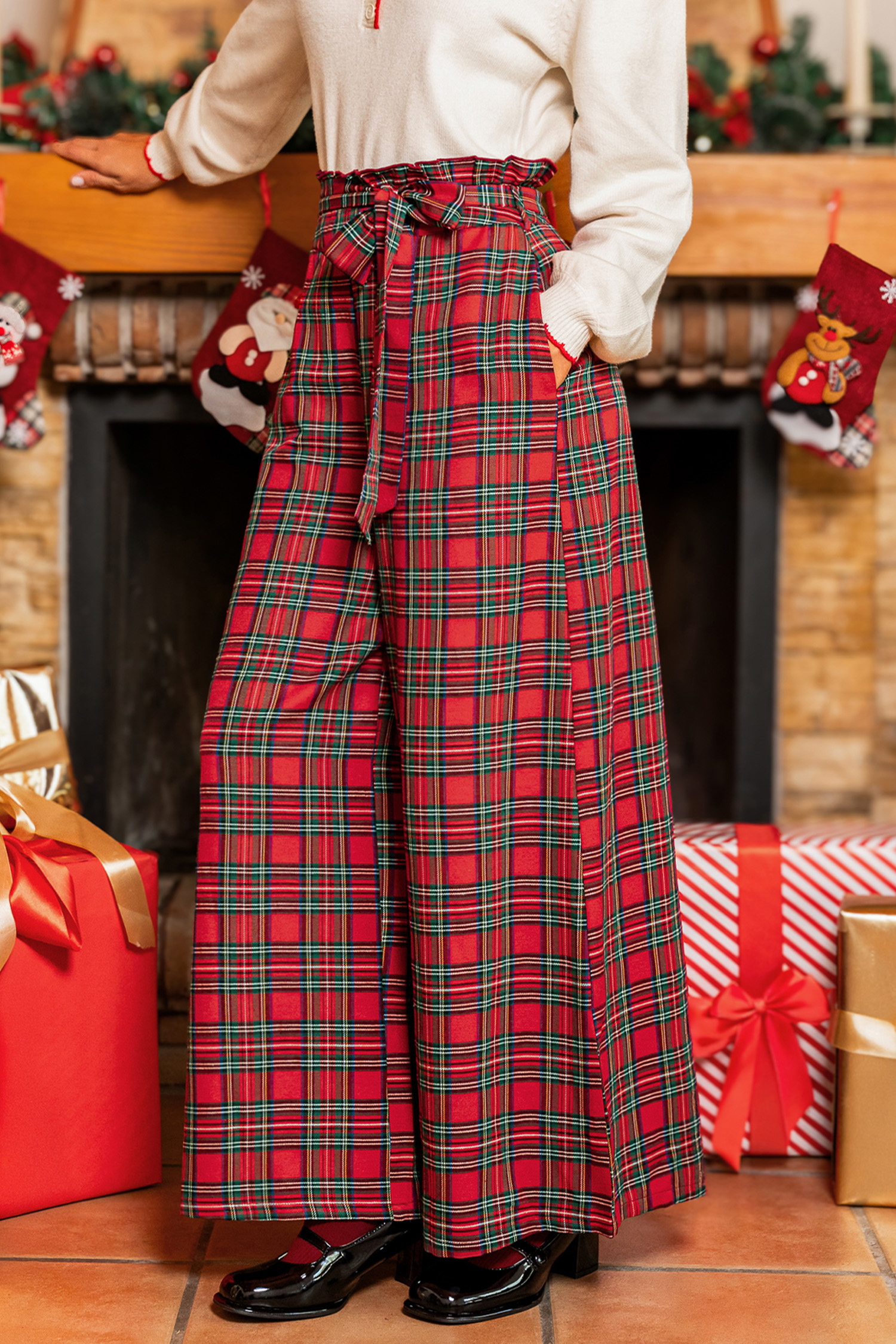 Karierte Stoffhose mit Taillengürtel von CUPSHE