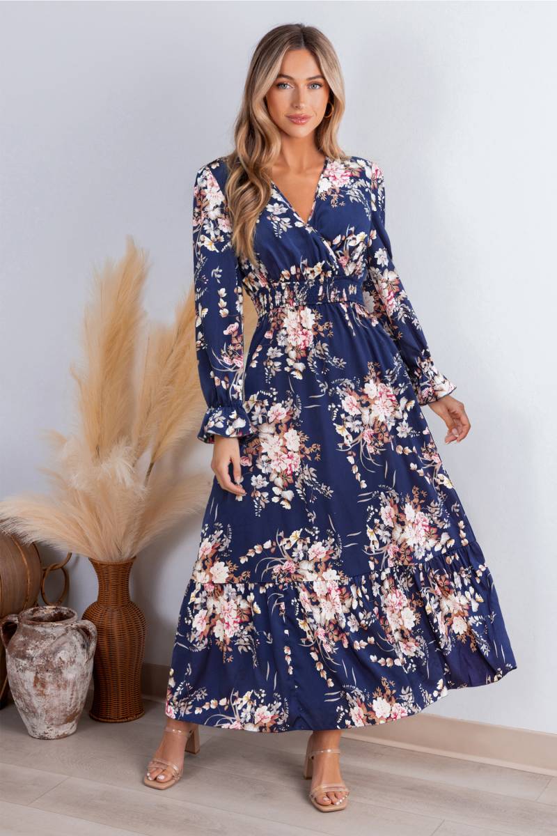 Lange Ärmel Gesmoktes Florales Maxi-Wickelkleid von CUPSHE