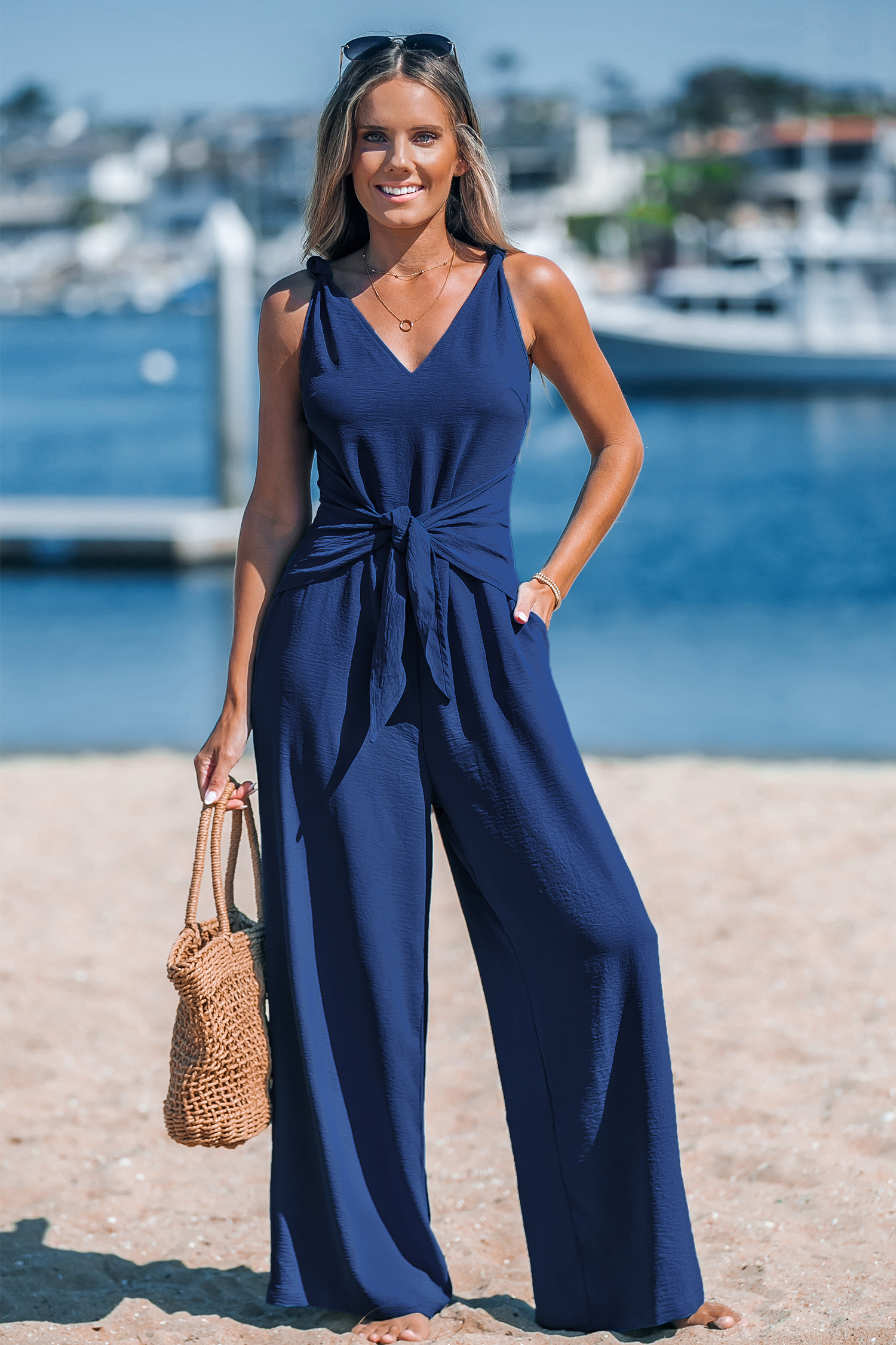 Marineblauer  ärmelloser Jumpsuit mit geradem Bein von CUPSHE