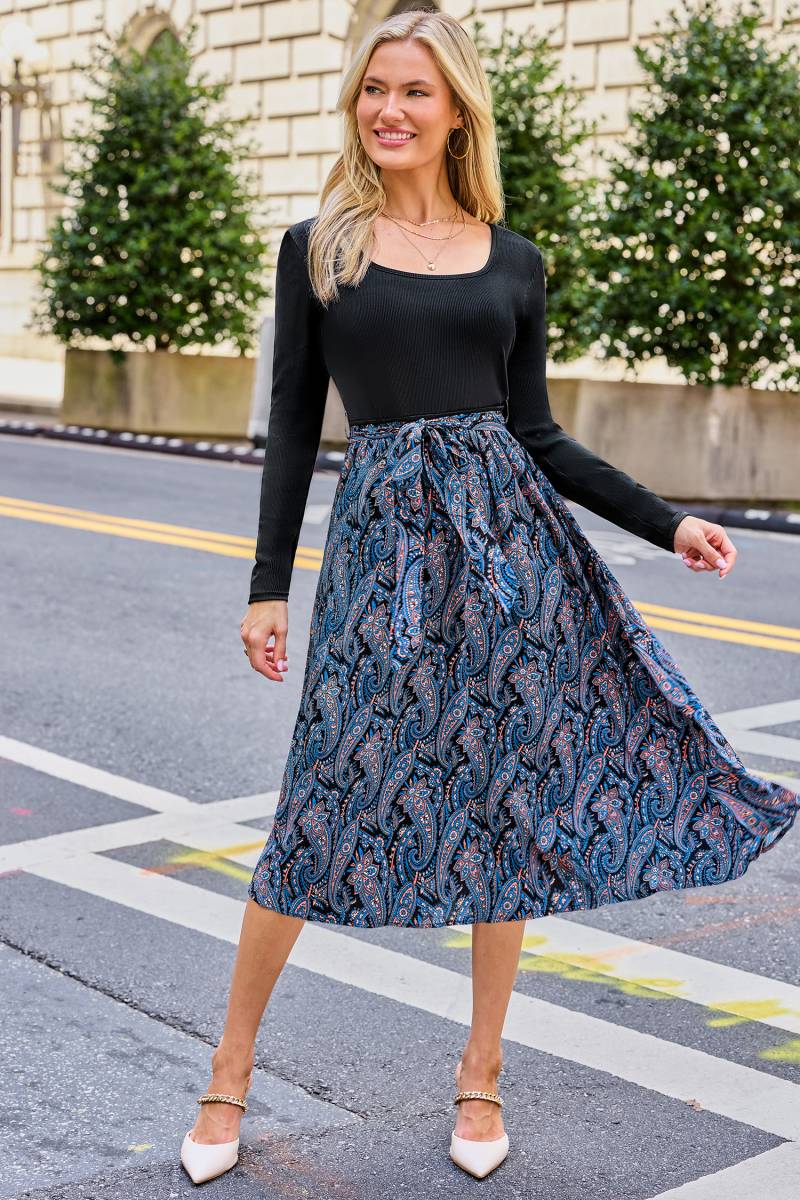Paisley Gerader Ausschnitt Langrarm Midikleid mit Taillengürtel von CUPSHE